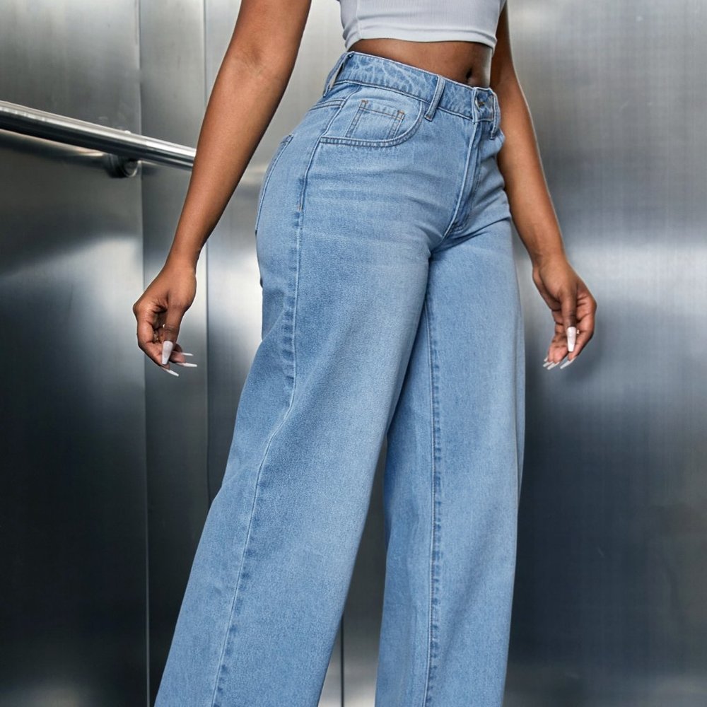 Wide Leg Denim Pants, Drop waist Slant Pocket Wide Leg Jeans - Picture 2 of 6